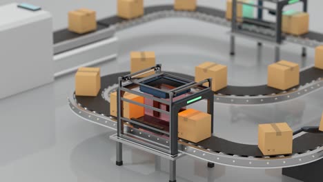 loop transmitting of packaging box on the conveyor belt, 3d rendering.