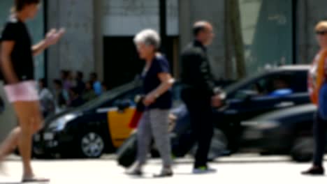 side view blurry pedestrians walking.time lapse.