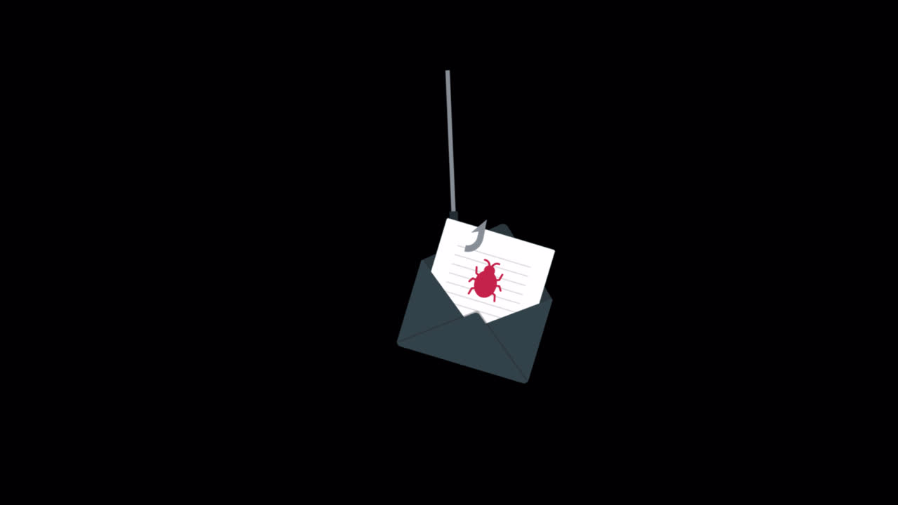 Email di phishing animata con icona di bug malware su amo da pesca.