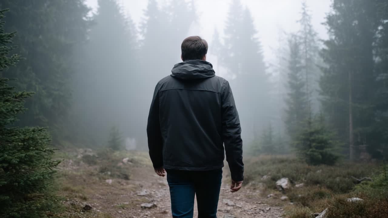 A solitary figure walks through a foggy forest scene, surrounded by towering trees and an atmosphere of tranquility, evoking a sense of adventure and exploration