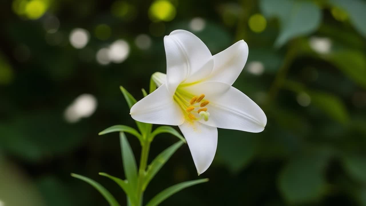 A Stunning White Lily Bloom Captured in Full Detail, Showcasing Its Elegant Petals and Delicate Reproductive Parts Against a Lush Green Background