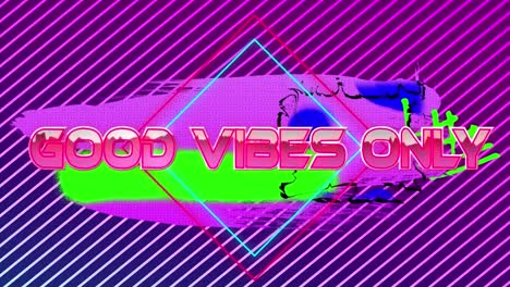 Animation-of-good-vibes-only-text-with-square-shapes-over-colorful-banner-against-striped-background