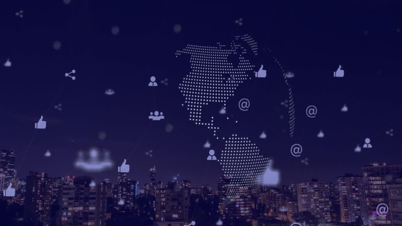 Animation of world map with icons over cityscape