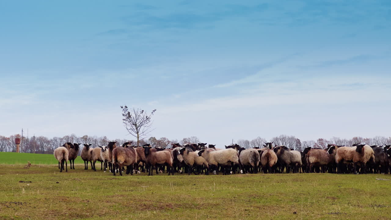 A flock of fluffy sheep gathered around the little bare tree in the meadow. Small cattle grazing in the field in autumn.