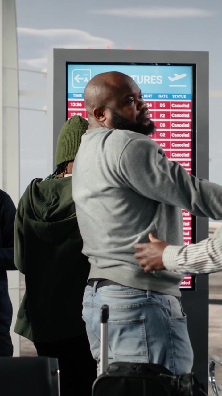 Pasajeros molestos reaccionan a las cancelaciones de vuelos en el panel de salidas del aeropuerto