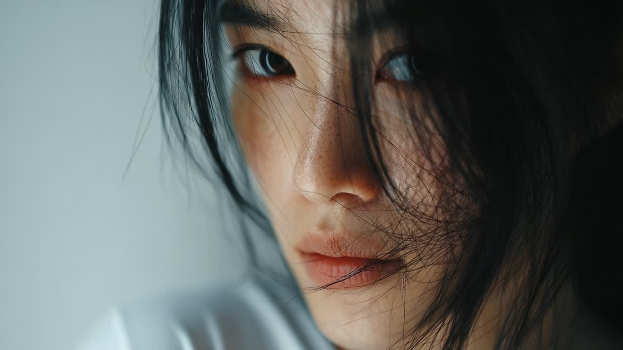 A Captivating Close-Up Portrait of a Young Woman with Intense Gaze and Flowing Hair Captured in Soft Natural Light