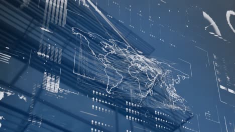 animation of financial data processing and world map over modern office building