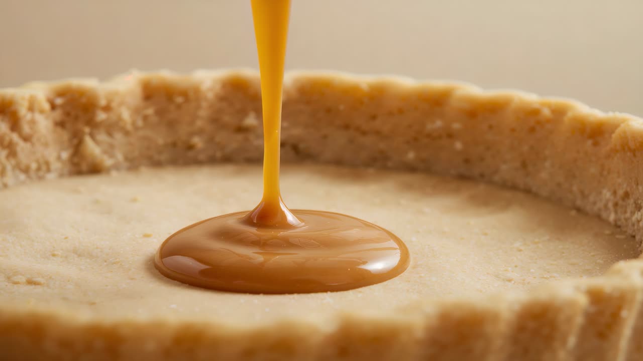 Pouring caramel stream dropping from above and filling prebaked tart shell in studio beige backdrop