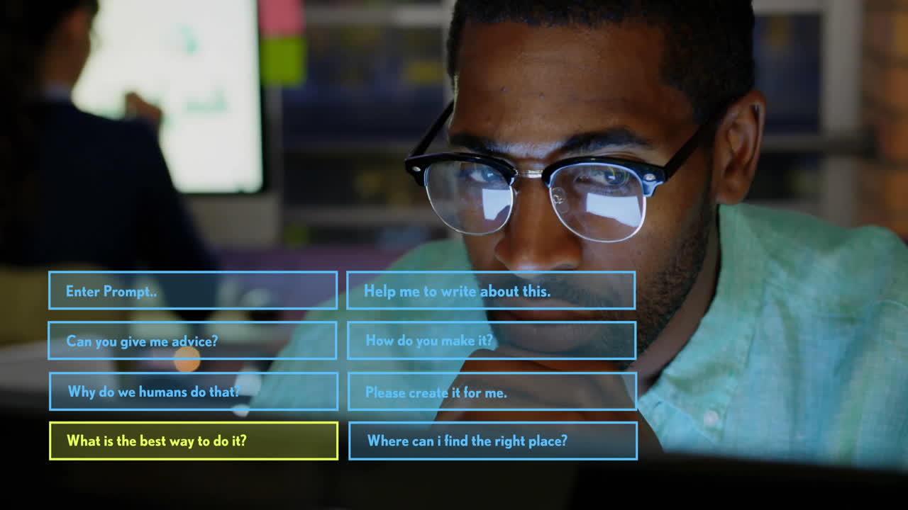 Animation of ai text, chat bot and data processing over african american man using laptop