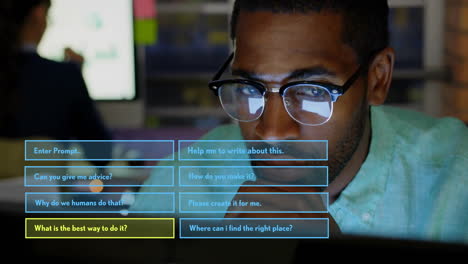 animation of ai text, chat bot and data processing over african american man using laptop