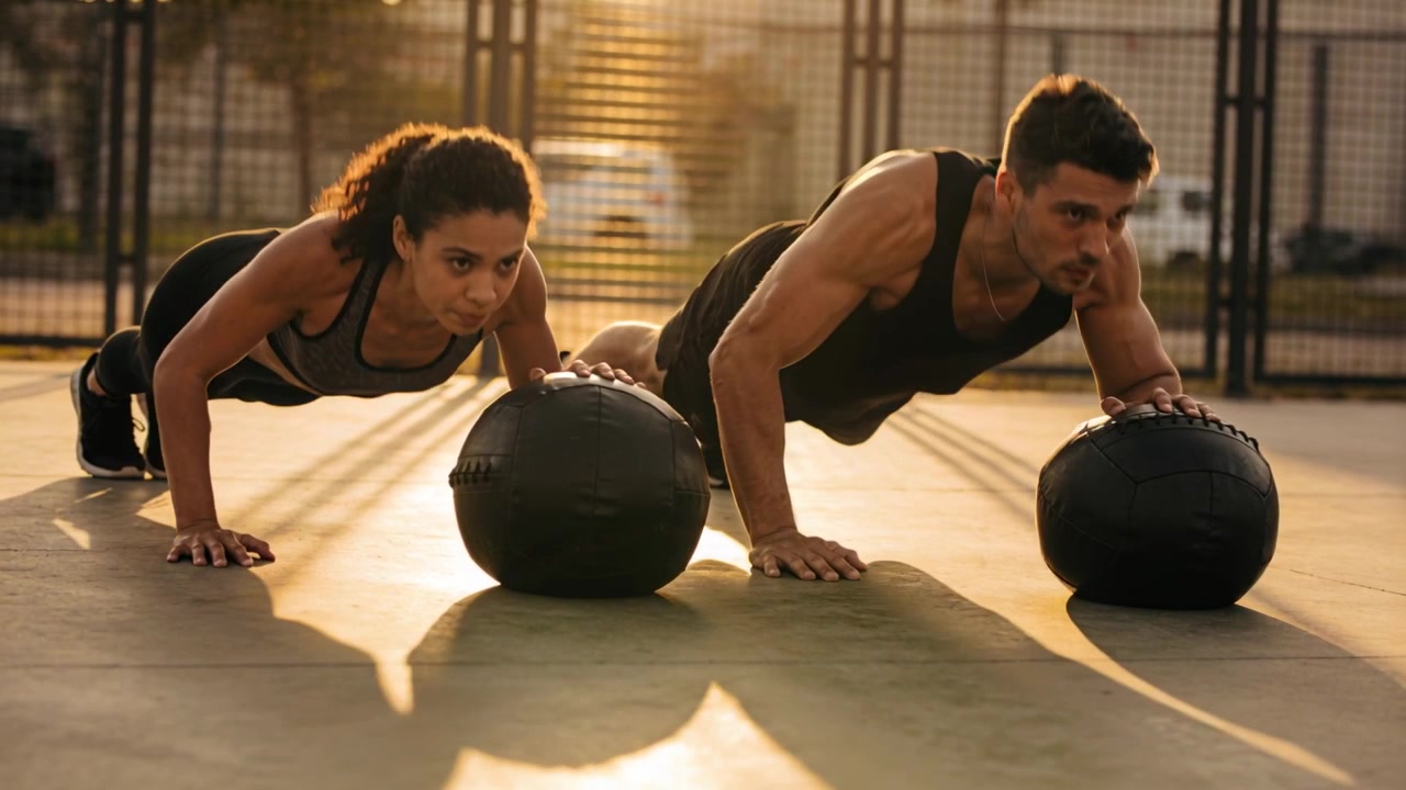 Starting set, two sports-clad partners doing sync med-ball push-ups on outdoor court for strength