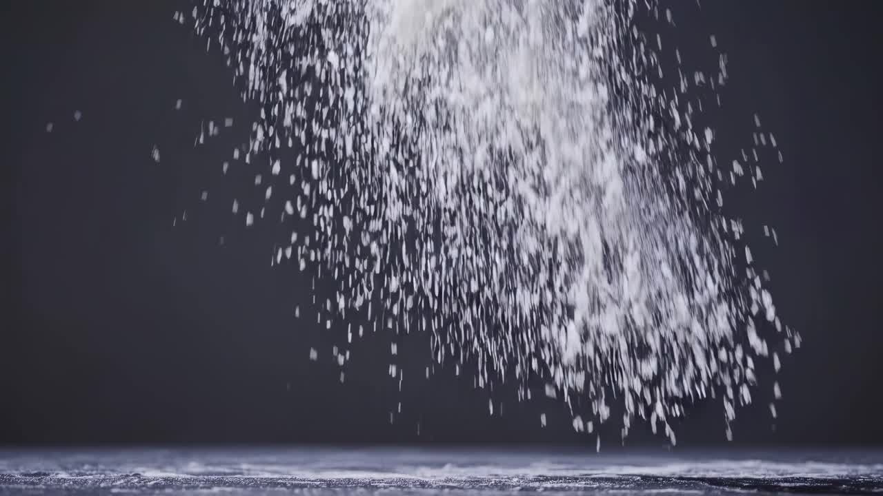 A dynamic video captures flour cascading from above in slow motion, with a low-angle shot