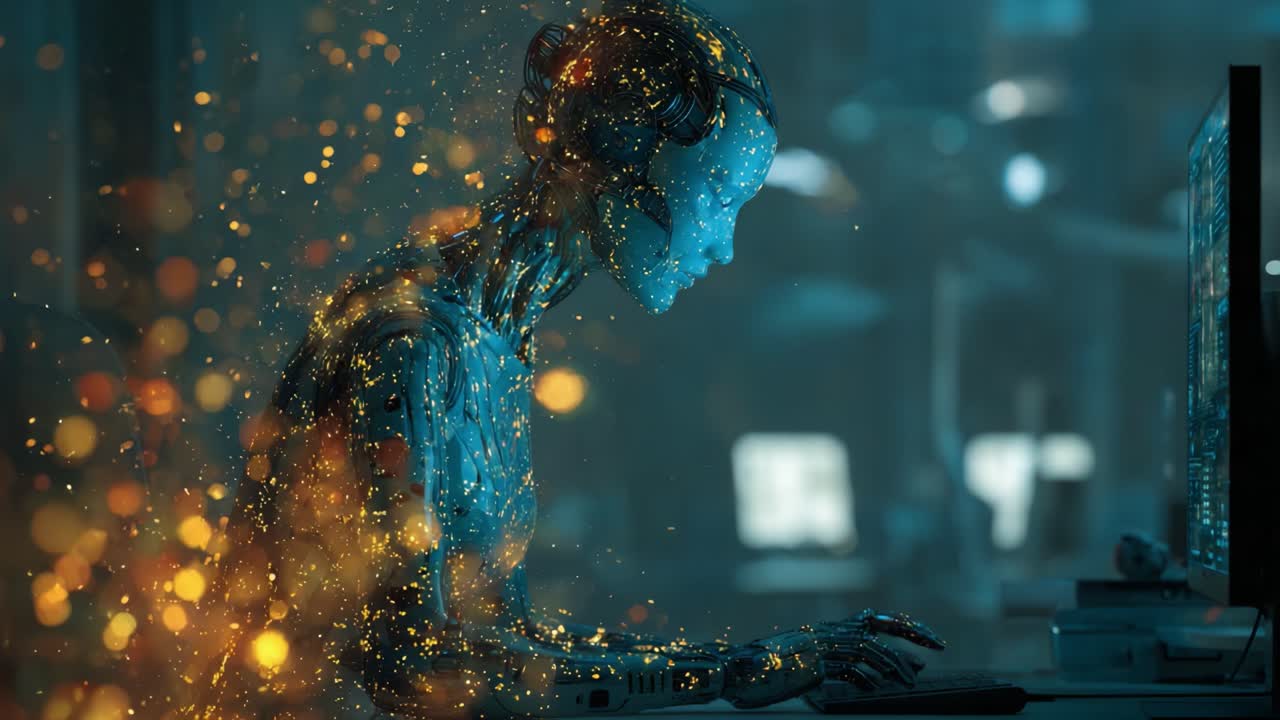 An Enigmatic Cybernetic Being Engages with a Digital Interface, Illuminated by a Dance of Glowing Particles and Surrounded by a Futuristic Environment