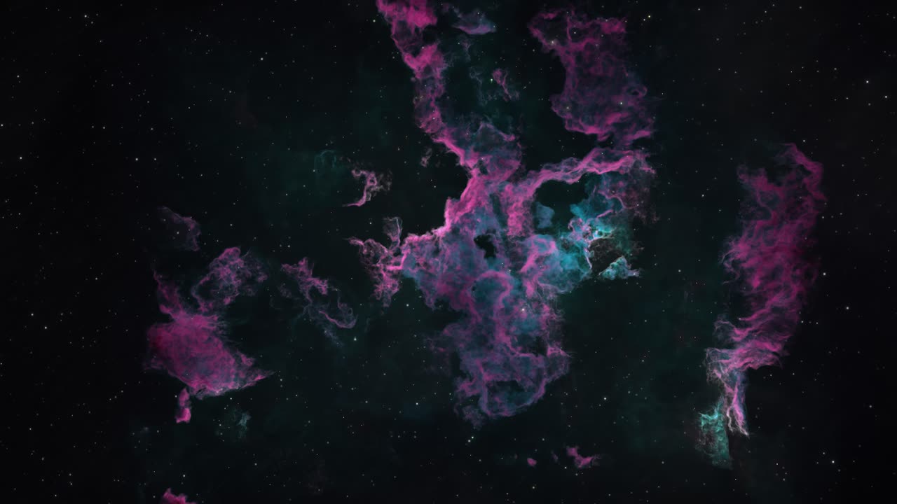 Inquadratura ampia di una bellissima nebulosa gassosa verde e viola nello spazio profondo.