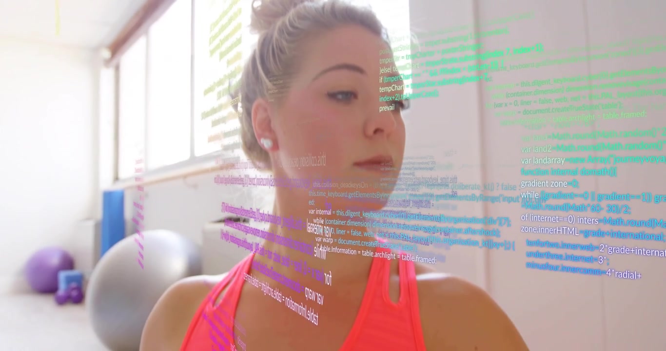 Woman receiving code overlay, rotating neck, kneeling on mat and stretching shoulders for fitness