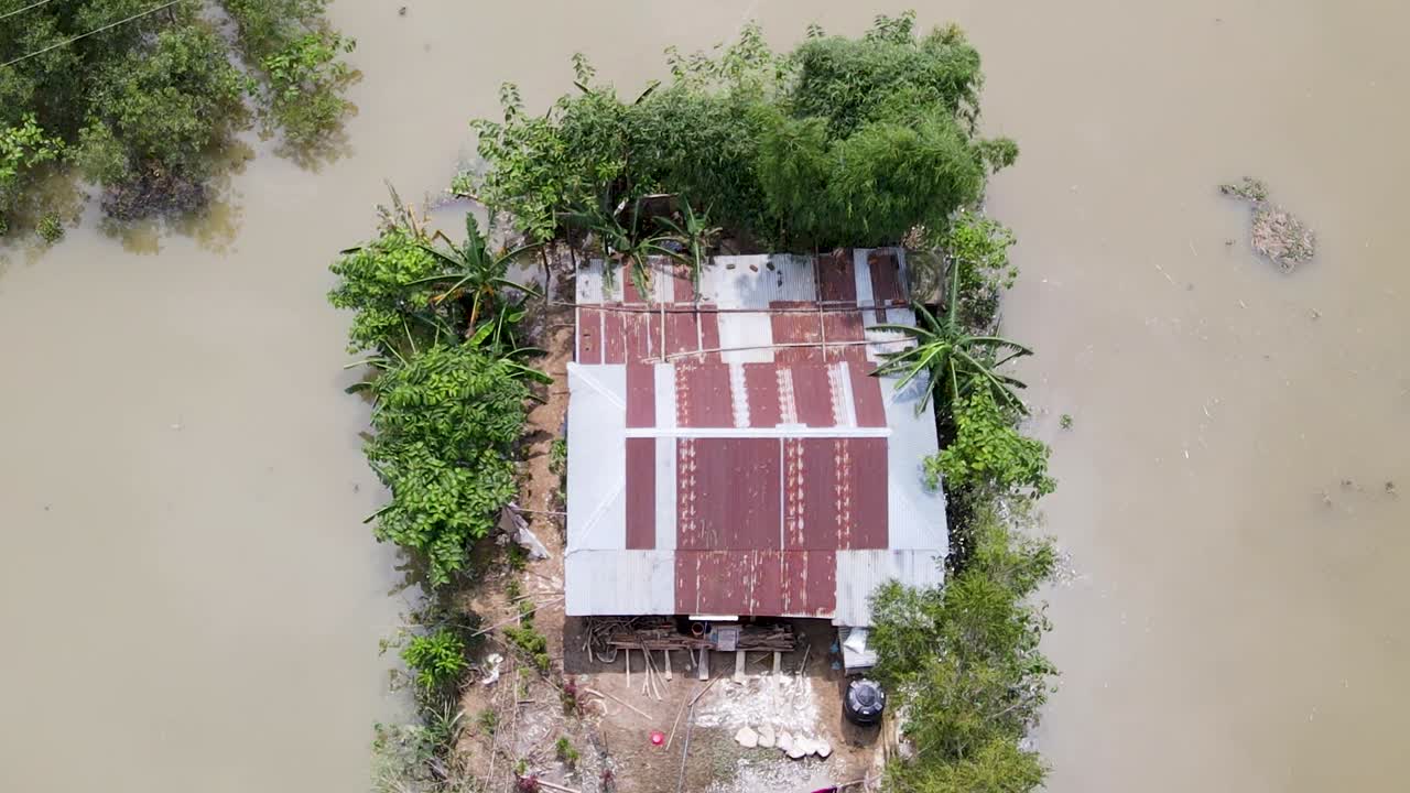 Above View Of Rustic Homes On A Flooded Town Near Sylhet, Bangladesh. Aerial Drone Shot
