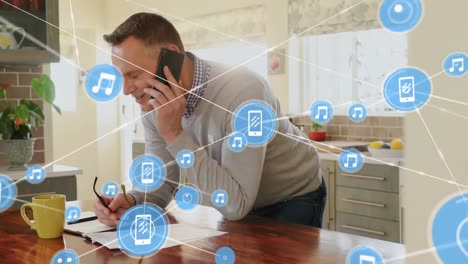 animation of network of connections over caucasian businessman using smartphone