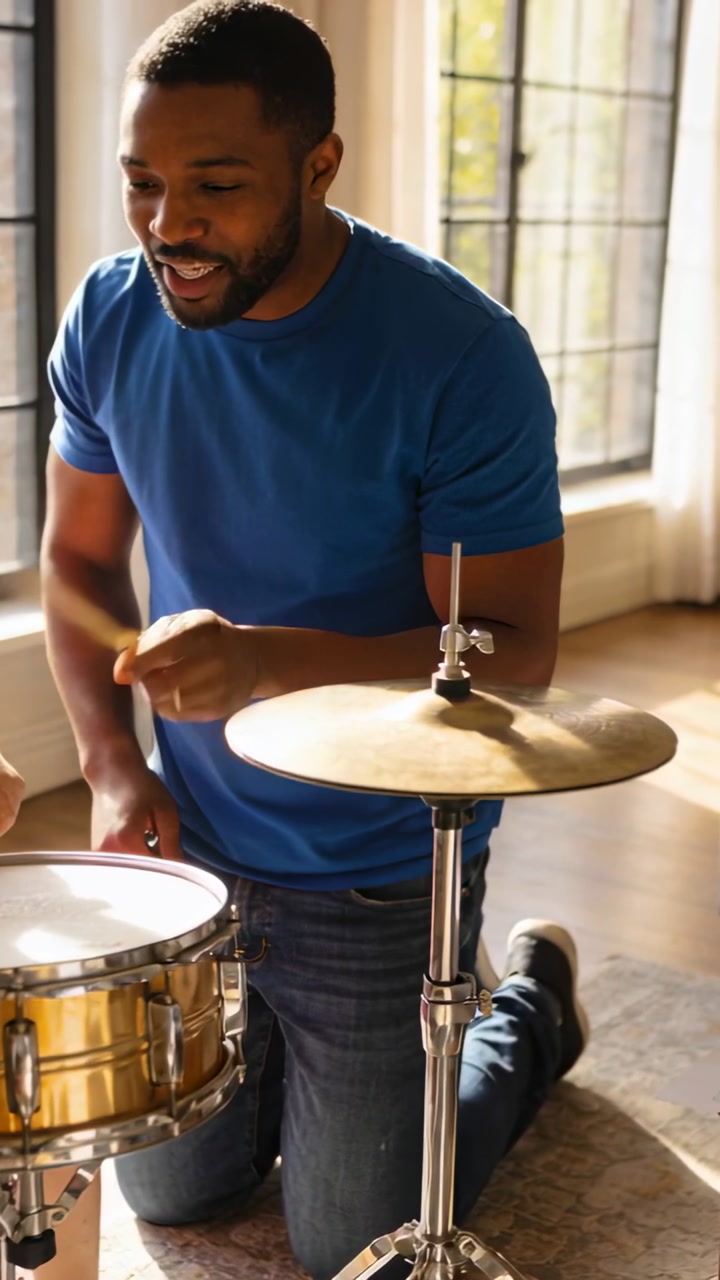 Vertical video: Man in blue tee practicing snare and cymbal in bright room, hand guiding stick