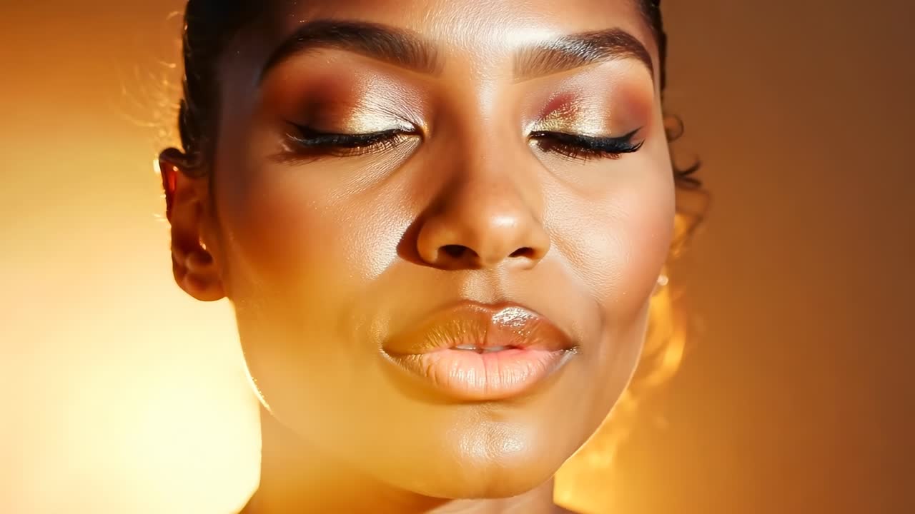 Close-up video shot of a serene woman with closed eyes, capturing natural beauty and soft lighting