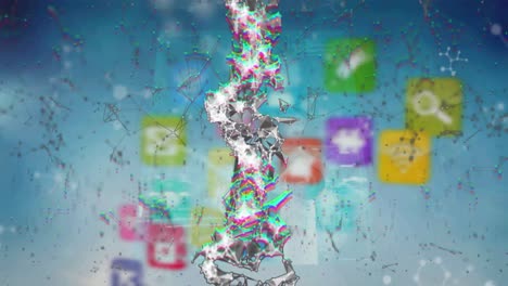 animación de adn, iconos técnicos y datos en la pantalla en espacio azul