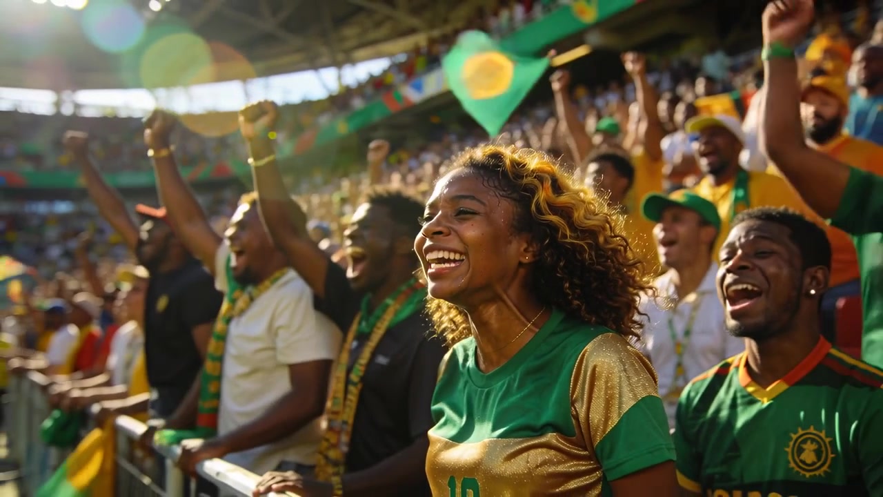 Femme acclamant, en maillot vert et or numéro 10, réagissant à un moment du match au stade, levant les bras et agitant un drapeau.