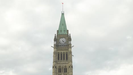 Clock-tower-spire-at-Parliament-Hill-building-in-Ottawa-Ontario-Canada-with-Canadian-flag-flying-in-summer