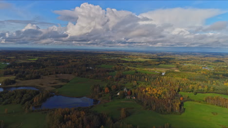 Birds-eye-view-over-a-summer-landscape-with-houses,-meadows-with-trees-and-lakes-under-blue-sky