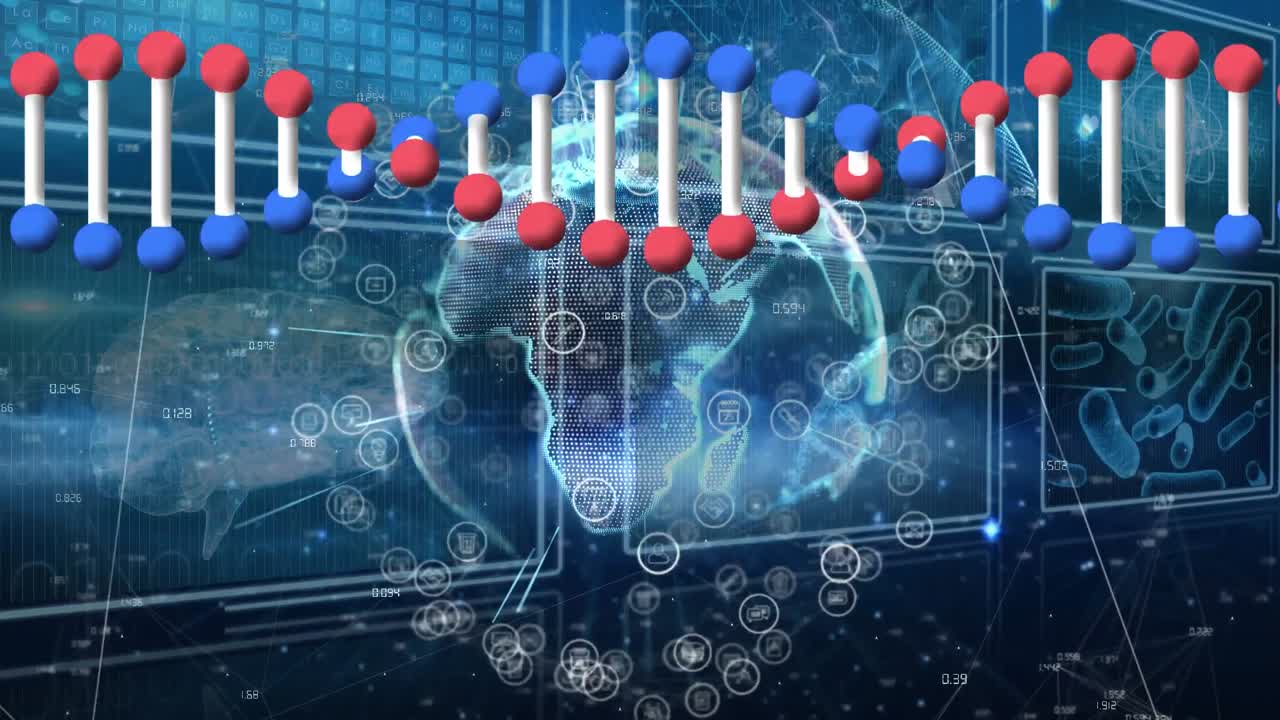 과학 데이터와 함께 스크린에서 dna 사슬과 움직이는 지구의 애니메이션