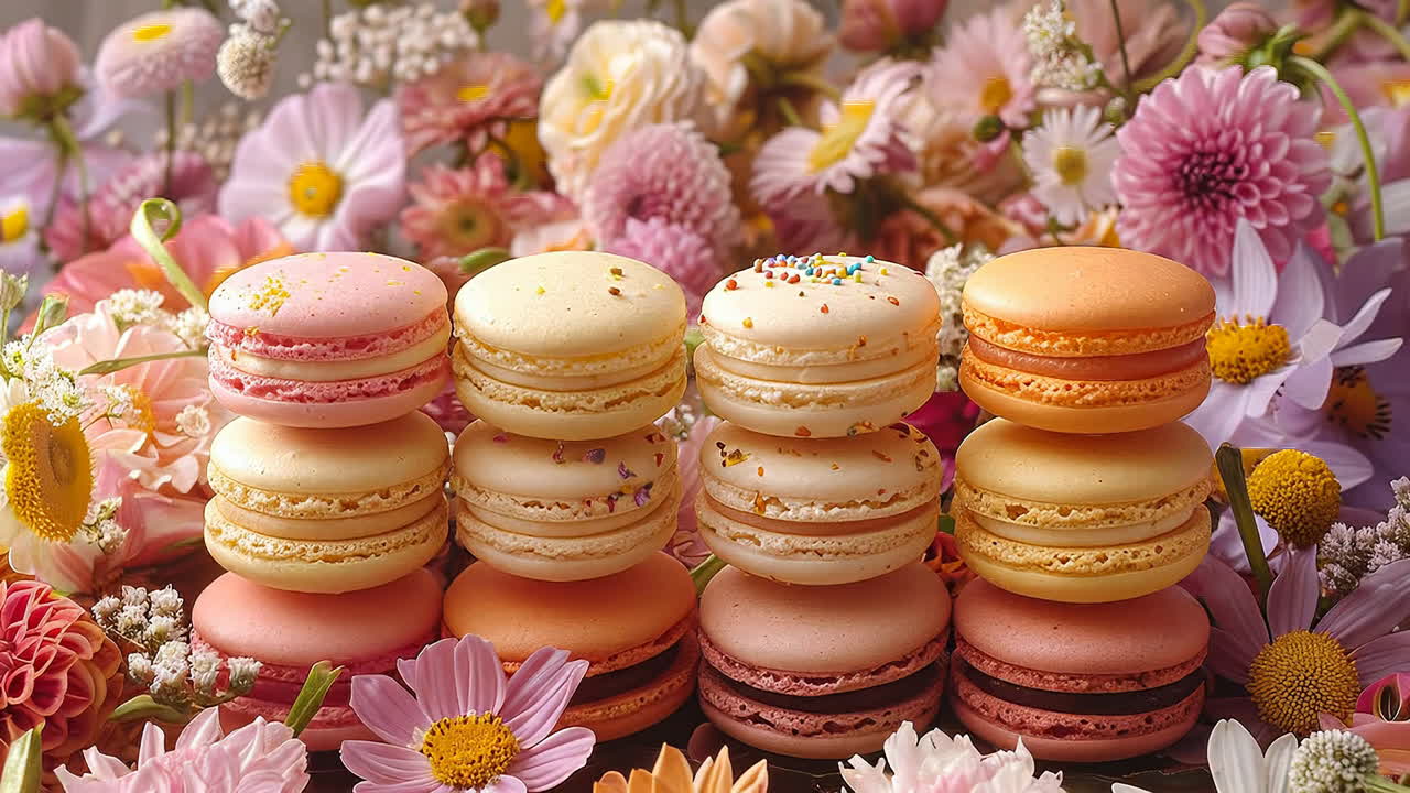 Macarons colorati su un'esposizione floreale. Deliziosi macarons disposti su un tavolo circondati da fiori freschi di vari colori. La scena è luminosa e invitante.
