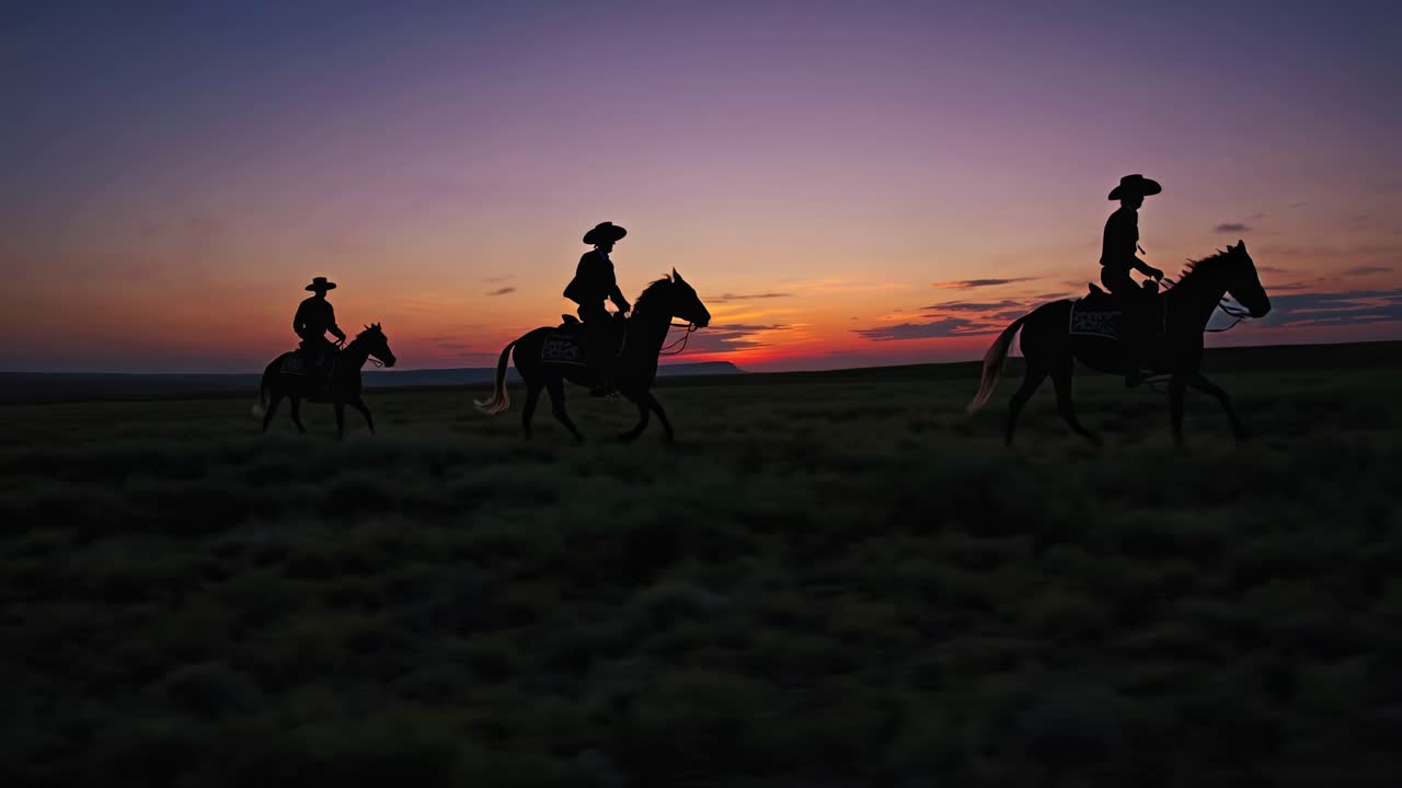 vaqueros a caballo al amanecer