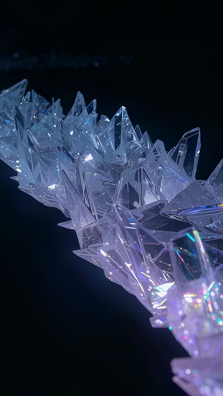 Vertical video: Panning camera showing faceted crystal on pedestal in studio, LEDs creating hues