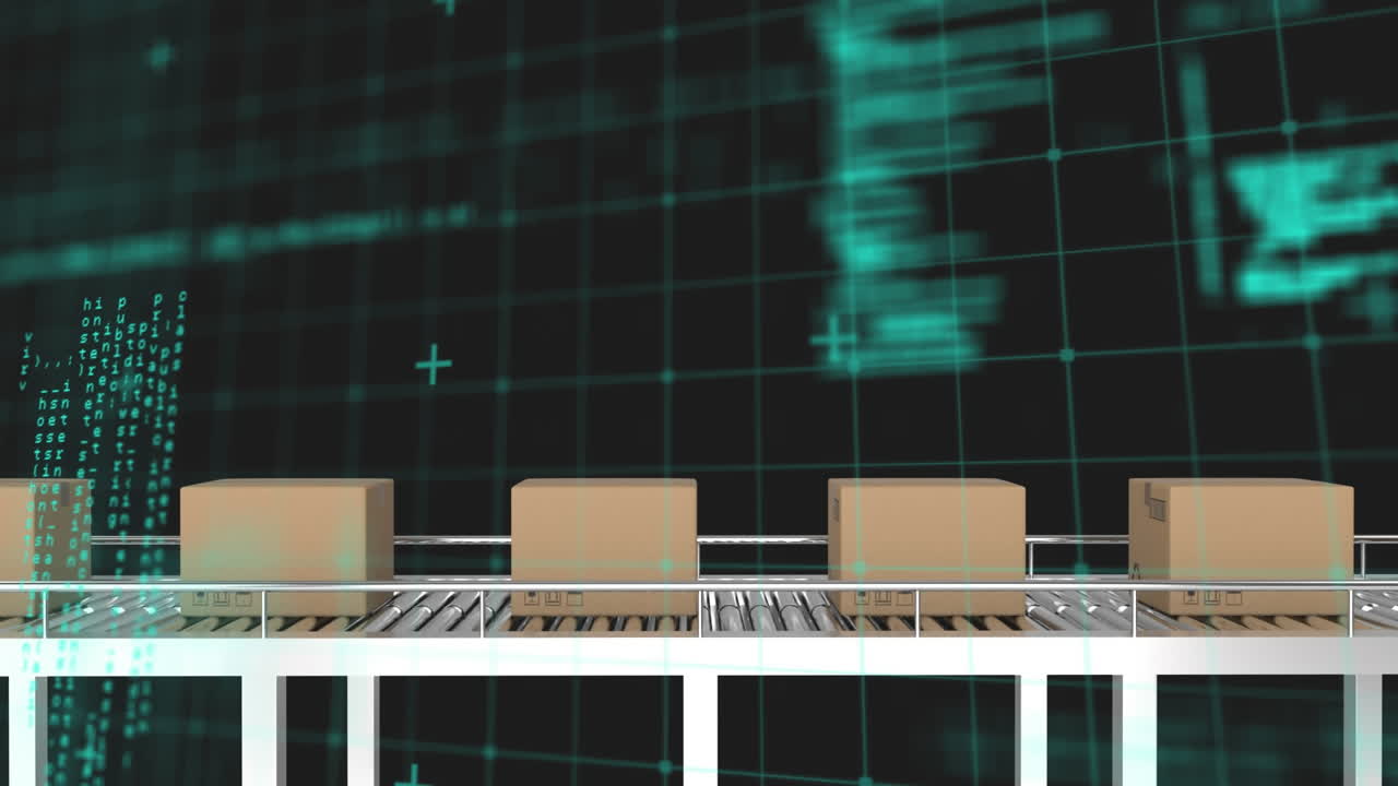 анимация обработки данных над картонными коробками на конвейерной ленте на складе