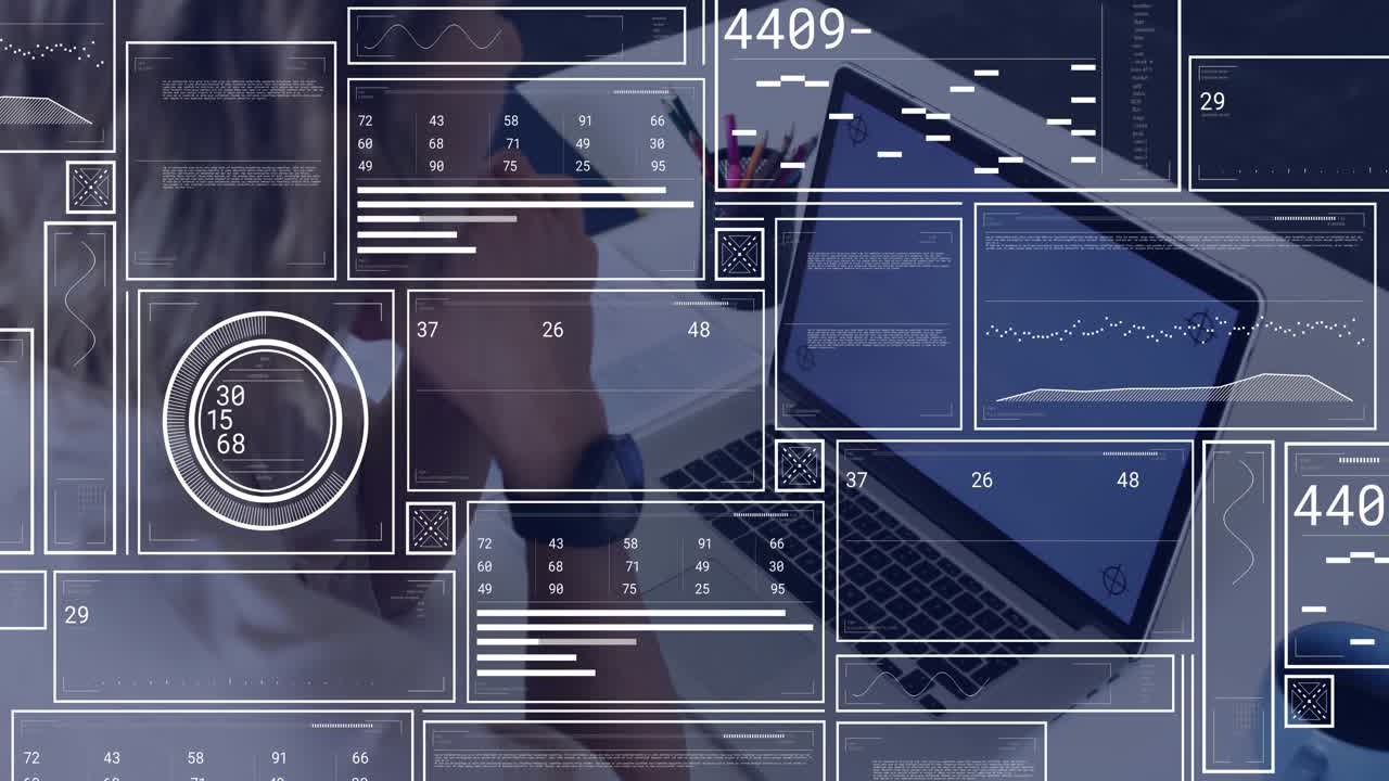 woman monitoring finance data with laptop dashboard panels loading and updating numeric gauges