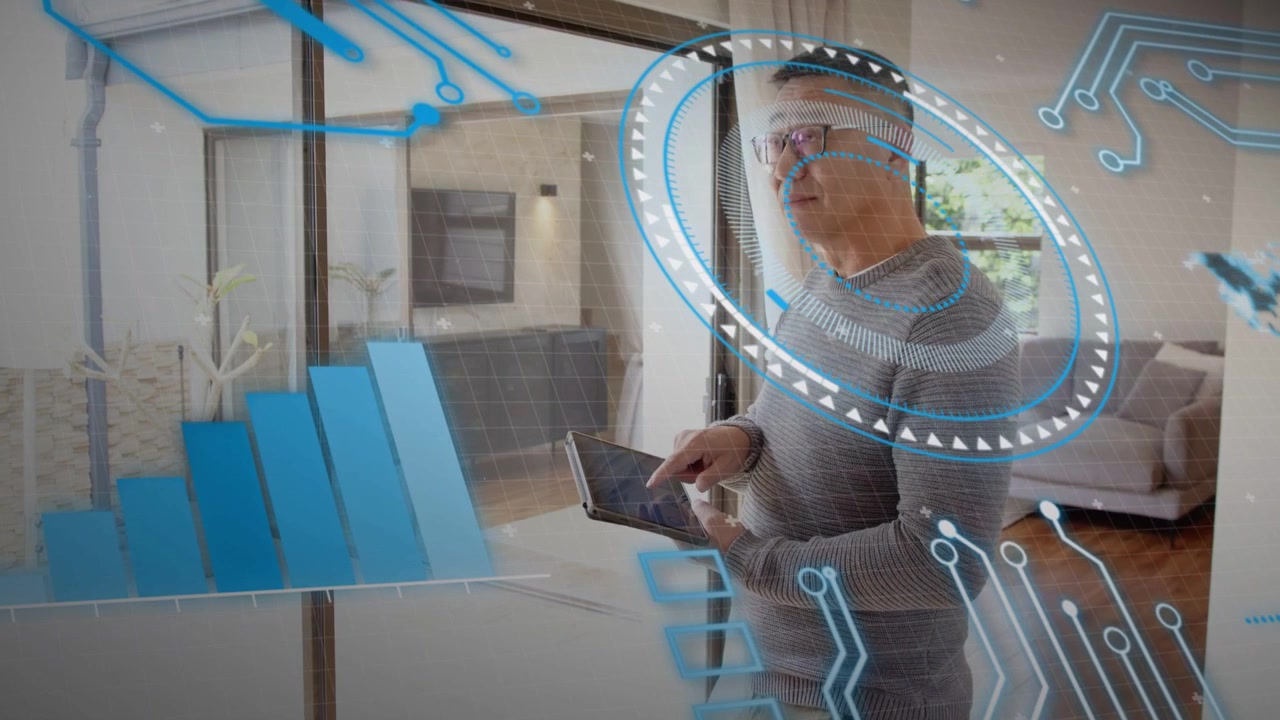 Senior man tapping tablet, bringing up AR HUD and growing 3D bar chart, analyzing technology data