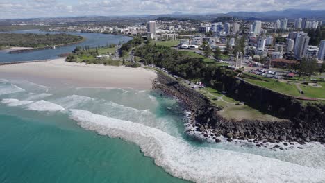 Duranbah-Beach-With-A-View-Of-Point-Danger-Park-In-In-Tweed-Heads,-NSW,-Australia---aerial-drone-shot