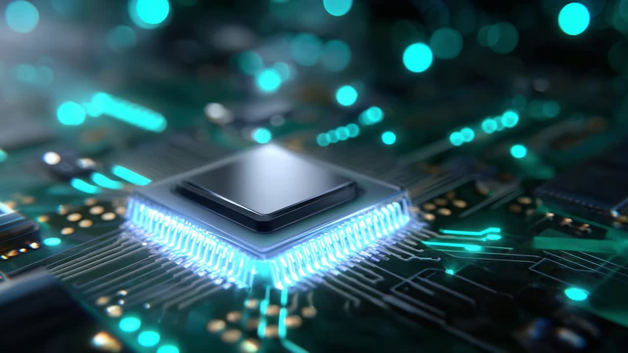 Intricate Close-Up View of a Cutting-Edge Microprocessor on a Circuit Board, Highlighting the Advanced Technology and Intricate Design of Electronic Components that Power Modern Devices