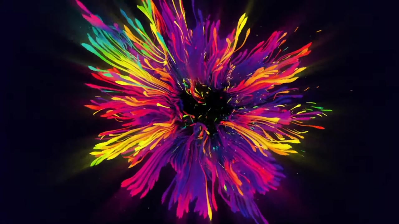 Esplosione vibrante viola e gialla, getto di liquido colorato su sfondo nero