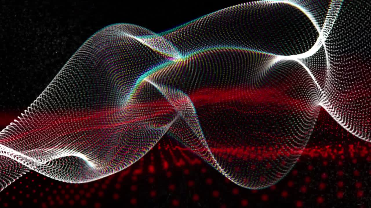 Animation of curved white mesh structure over undulating red 3d landscape on black background