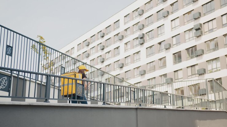 Corriere che cammina verso un condominio