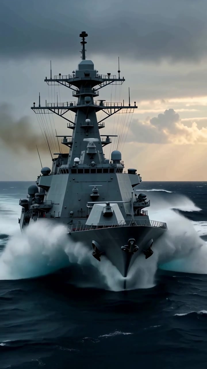 Vista frontal que muestra un barco avanzando sobre agua oscura mientras olas blancas rompen alrededor del casco, con nubes en capas, iluminación fría y una composición centrada que enfatiza el movimiento del buque y las condiciones del océano.