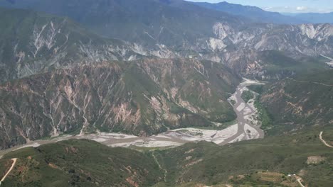 Chicamocha-Canyon-Panoramic-Aerial-Drone-View-Colombian-Andean-Green-Mountains-and-River,-Travel-and-Tourism-Destination