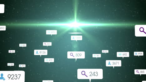 animation of social media icons and numbers on white banners over stars on green sky