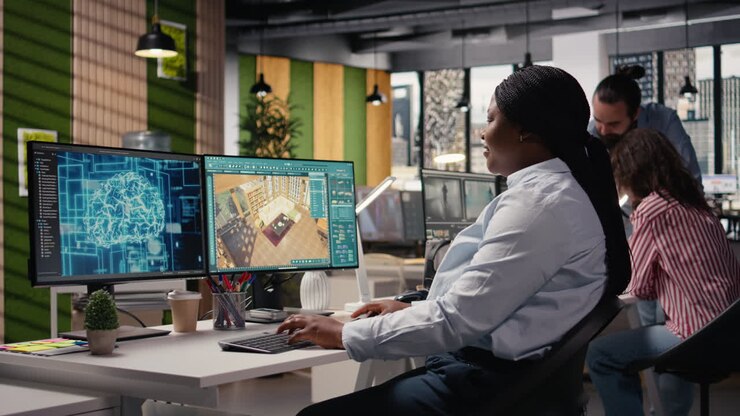 Designer d'intérieur utilisant des réseaux neuronaux d'IA pour l'agencement d'un appartement en 3D