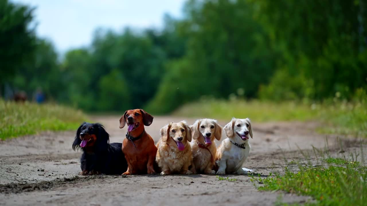 Different dog breeds. Looking straightforward. Different breeds of dogs are sitting in line on nature background. Green garden or forest background. Video of sitting dogs of small breeds.