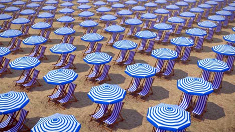 a lot of sun umbrellas and deck chairs at the empty beach in the summer, looping 3d animation