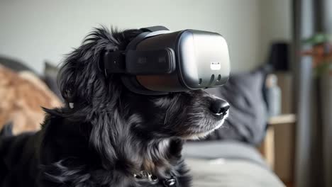 a dog wearing a virtual reality headset sitting on a couch