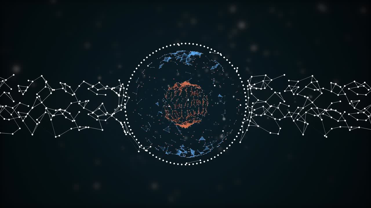 Molecular structure from polygonal particles in plexus capsule over dark blue background.