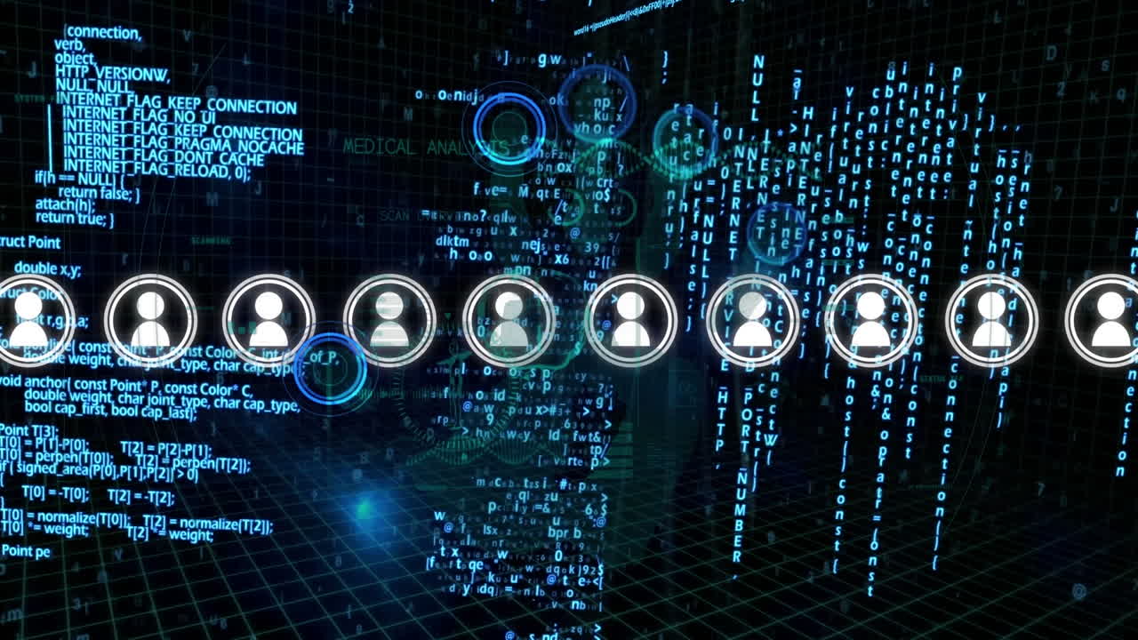 animación de iconos de usuario sobre el procesamiento de datos en fondo negro