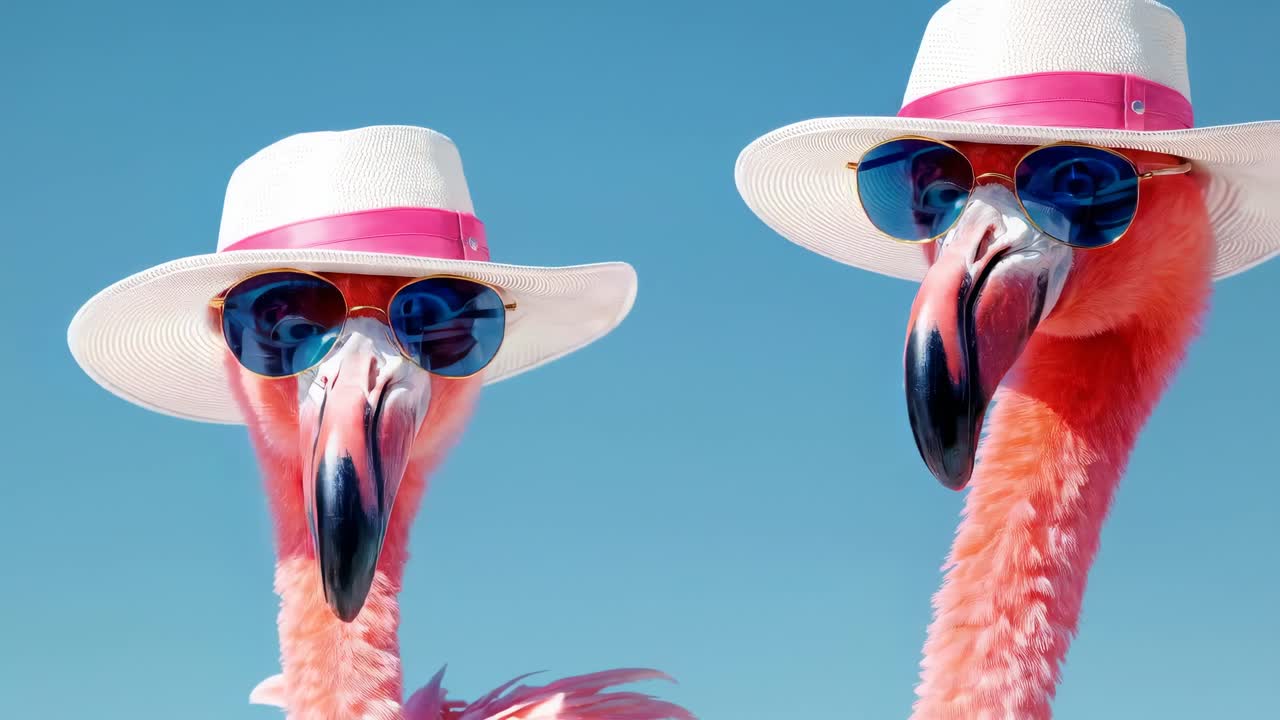 A close-up, eye-level shot of a flamingo wearing a white hat and sunglasses against a clear blue