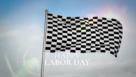 animation of happy labor day text over racing flag and blue sky